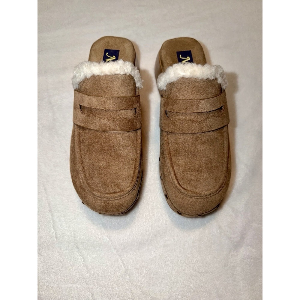 Natural Reflections Jeda Tan Faux Suede Faux Fur Trim Platform Clog Mules Size 9